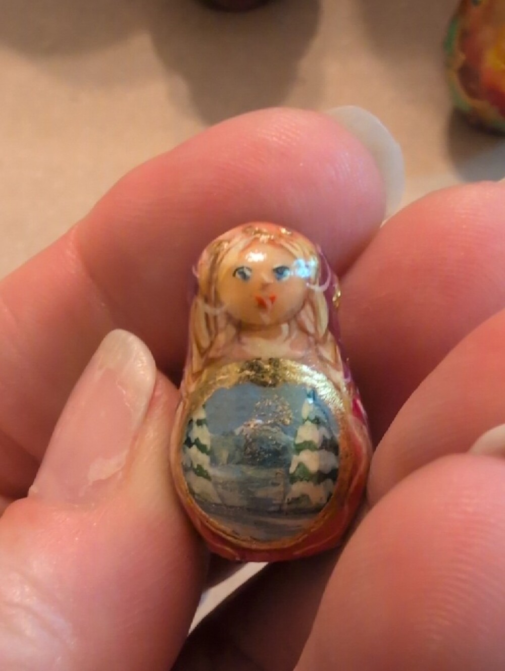 Hand-Painted Russian Nesting Doll - Pink & Purple Winter Scene - Picture 4 of 16